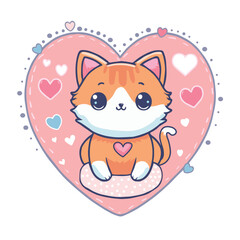 Lovely cat with pink hearts vector illustrator. Cute Valentine card in kawaii style. Can be used for t-shirt print, stickers, greeting card design. Vector illustration EPS8