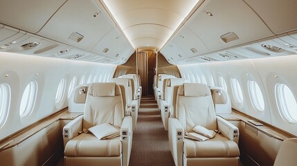 Luxurious private jet interior with cream leather seats and aisle.