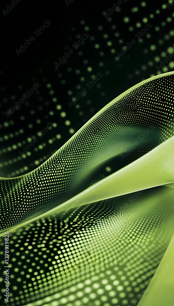Poster green abstract waves with dots on a dark background