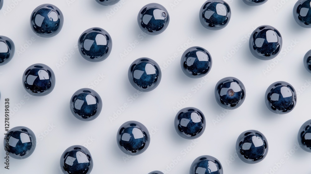 Poster A group of perfectly round blueberries scattered in a random pattern on a transparent surface. 