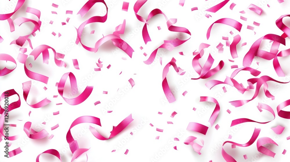 Poster a group of pink ribbon vectors in varying sizes, scattered on a white background.