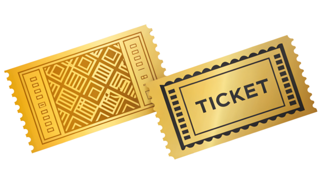 Two Different Gold Tickets on Transparent Background, Classy Look, Ticket Design, Isolated On Transparent Background, Png Cut Out