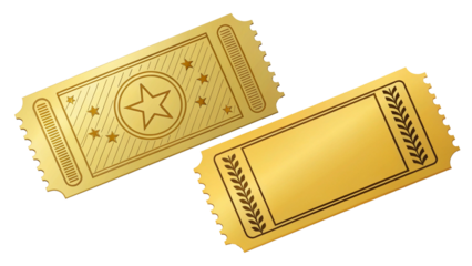 Two Different Gold Tickets on Transparent Background, Elegant, Travel Passes