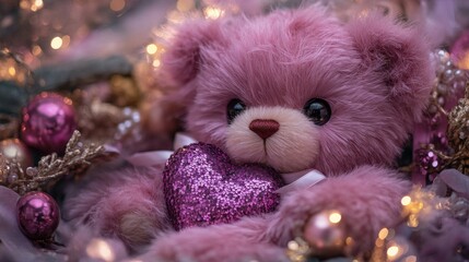 Fototapeta premium Pink Teddy Bear with Glittery Heart Amidst Festive Lights