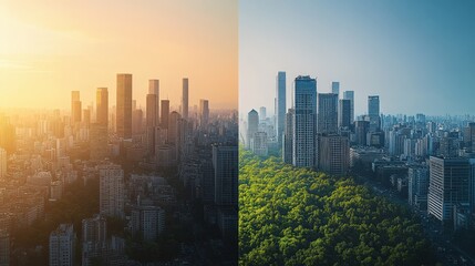 Fototapeta premium Two cities side by side, one is a city with tall buildings