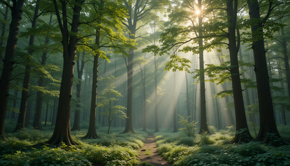 Fototapeta premium A Tranquil Forest with Sunlight Filtering Through Trees