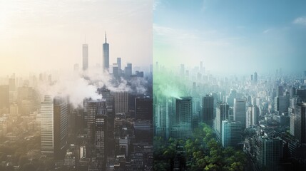 Two different cityscapes, one with a foggy atmosphere