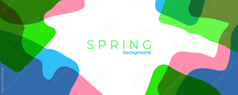 Poster Spring theme abstract background with various curved bright colored shapes for Springtime season creative graphic design. Vector illustration.		
