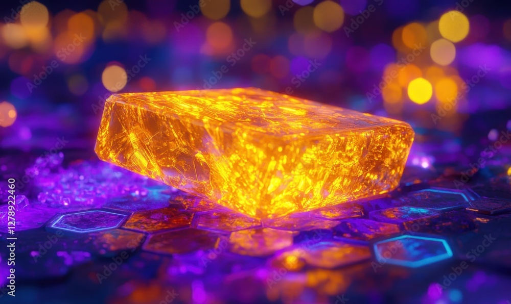 Poster glowing cube on hexagons with bokeh background, abstract concept