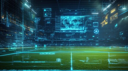 A computer with a futuristic interface on a soccer field, symbolizing the integration of digital gaming and traditional sports.