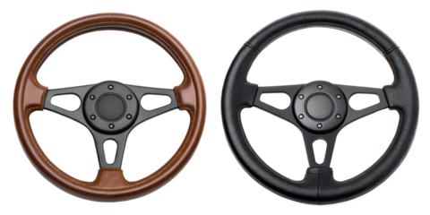 Two Brown and Black Leather Steering Wheels on Transparent Background, Durable, Comfort