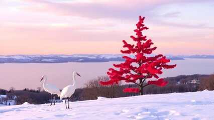 Red-crowned crane with open wing in flight, with snow storm