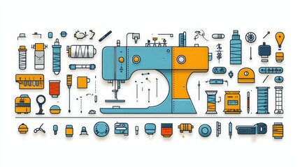 Vintage Sewing Machine and Craft Tools in Trendy Illustrative Style for Creative Projects