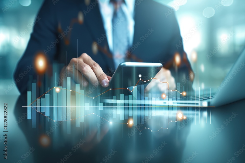 Poster a man is using a tablet to look at a graph