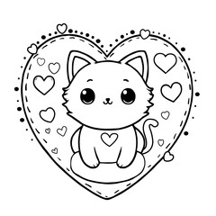 Cute Cat with heart Cartoon Vector coloring book. Funny feline characters for Valentine's Day and Love coloring page. Outline doodle animals collection in cartoon style. Vector illustration.