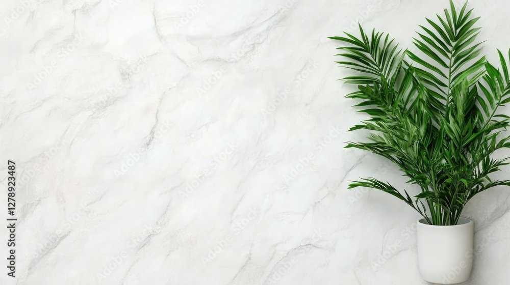 Poster empty white marble table with hexagonal tiles and green plant against a light background, perfect fo