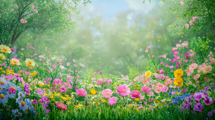 Obraz premium Lush garden filled with vibrant flowers blooming under soft sunlight in a serene landscape