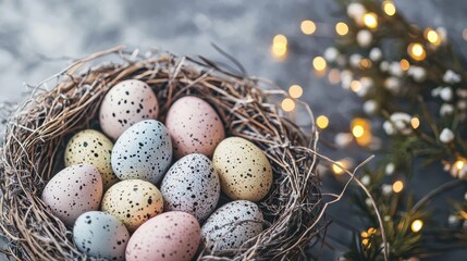 Fototapeta premium Elegant Easter Basket with Colorful Decorated Eggs in Nest