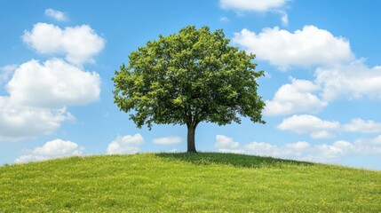 Fototapeta premium A solitary tree stands majestically on a verdant hill beneath a clear blue sky, embodying tranquility and the beauty of nature.