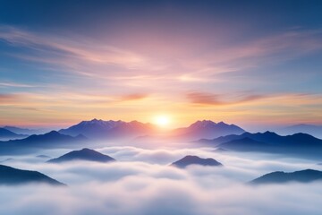Fototapeta premium A serene landscape captures a blurred sunrise over distant mountains, evoking tranquility and peace, Ideal for backgrounds in wellness projects, nature-themed designs, or motivational content,