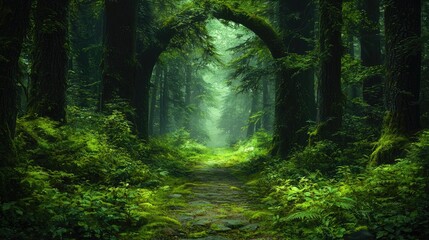 Obraz premium Mystical forest path arch, misty scene, lush greenery, nature exploration