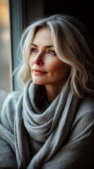 Fototapeta premium Pensive Woman in Grey Sweater and Scarf Looking Contemplatively out Window in Natural Light