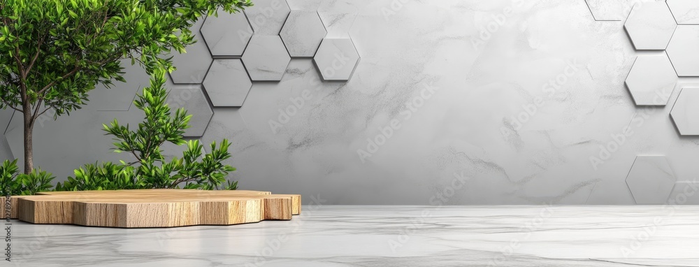 Poster empty white marble table with hexagonal tiles and green plant against a light background, perfect fo