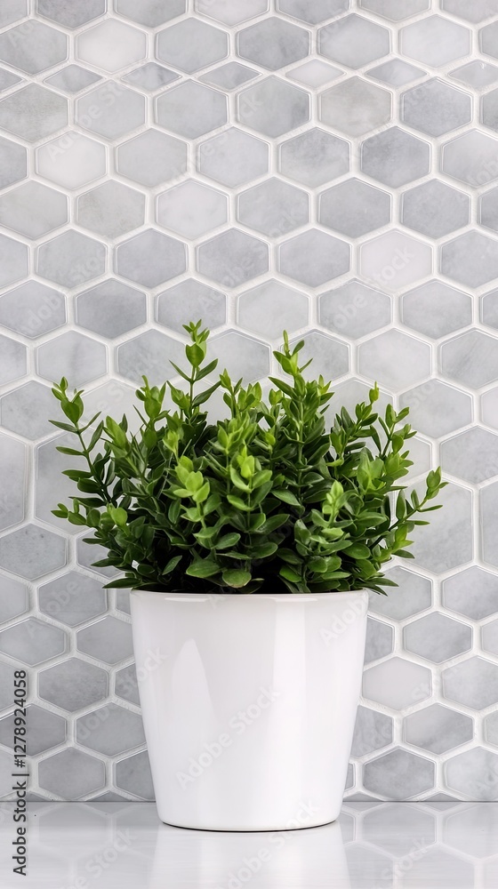 Poster empty white marble table with hexagonal tiles and green plant against a light background, perfect fo