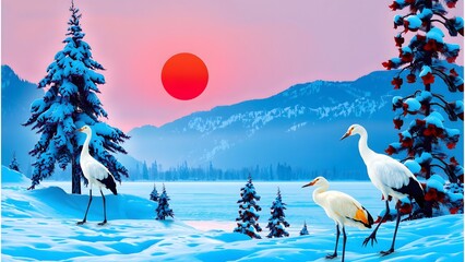 Red-crowned crane with open wing in flight, with snow storm