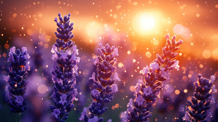 Rain falling gently over a field of lavender, with droplets glistening in the fading light