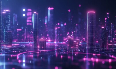 Fototapeta premium Futuristic Interface Concept: Interactive IoT Network, Digital Software, Big Data Visualization, Night-time Technology Innovation
