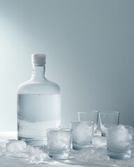 A clean and minimalist scene featuring a frosted vodka bottle and shot glasses on ice