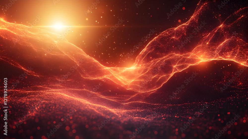 Poster abstract orange glowing particles wave background with lens flare effect and sparkles
