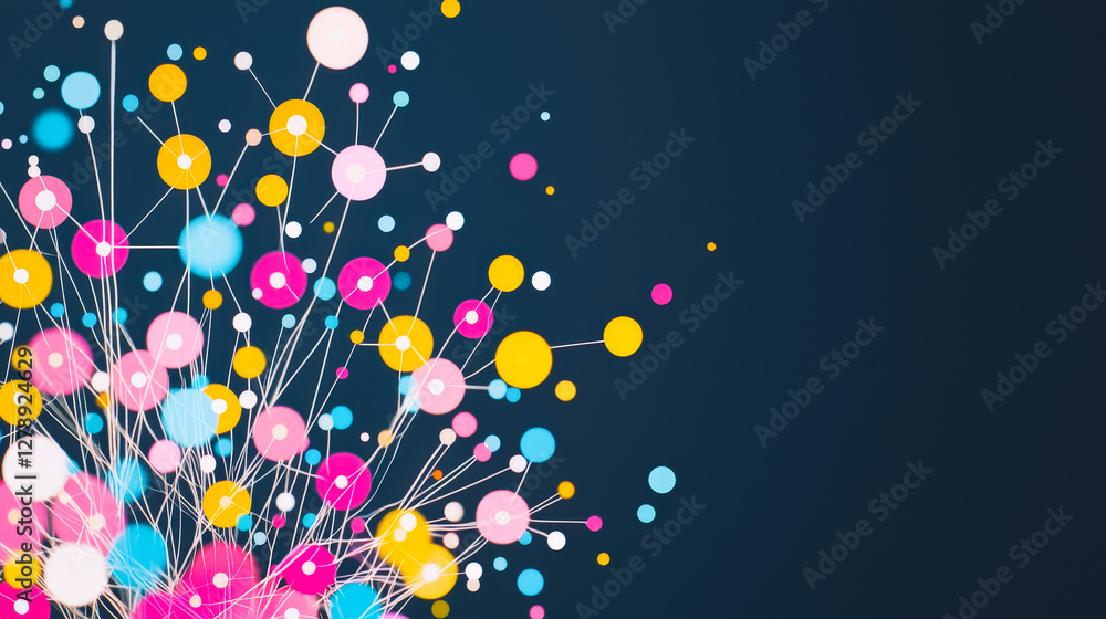 Poster Colorful abstract design with vibrant circles and lines on a dark background