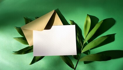 blank paper card and envelope floral leaves sun light shadow on green background mock up with copy space