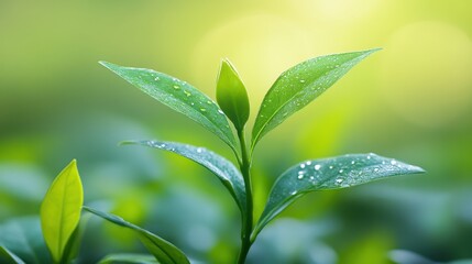 Fototapeta premium Lush green plant adorned with glistening water droplets, illuminated by sunlight, showcasing nature's beauty and vitality.