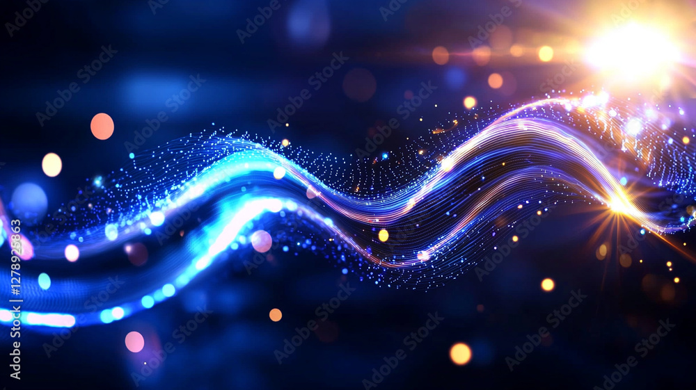 Poster dynamic wave of glowing light particles in blue and gold tones creating a mesmerizing motion effect