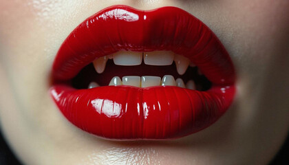 Fototapeta premium Sexy red female lips revealing vampire fangs.