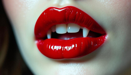Fototapeta premium Sexy red female lips revealing vampire fangs.
