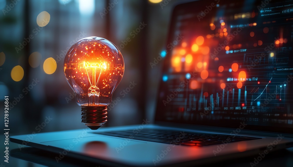 Aufkleber dynamic image of a light bulb floating above a laptop, glowing with innovative startup ideas, digita
