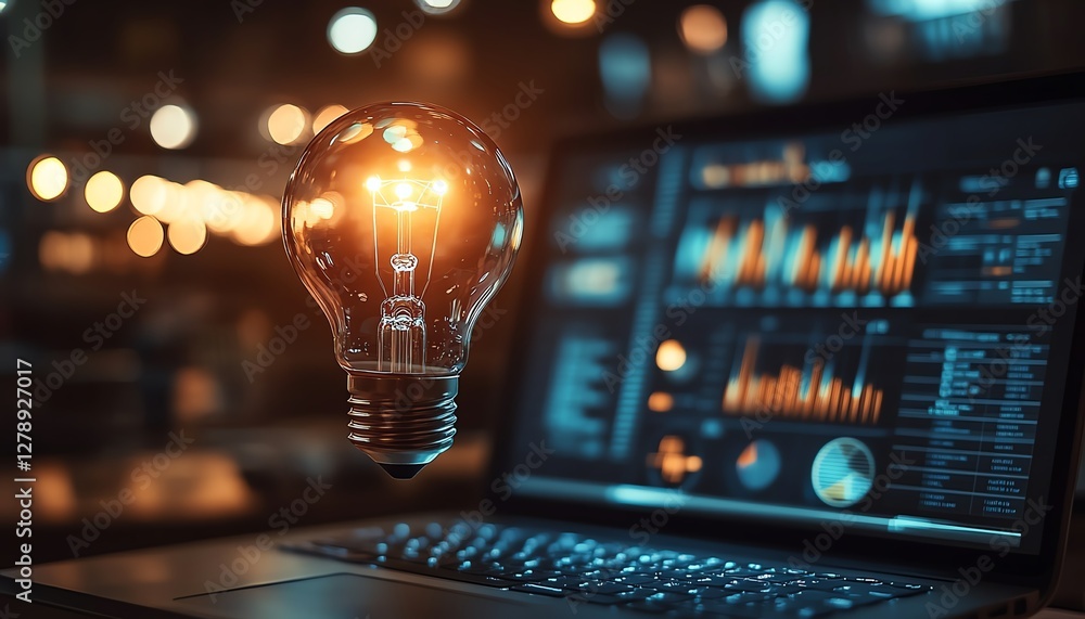 Aufkleber dynamic image of a light bulb floating above a laptop, glowing with innovative startup ideas, digita