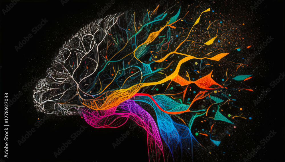 Poster Colorful abstract representation of a human brain with dynamic neural connections and vibrant energy patterns