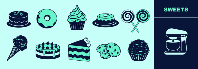 Sweets icon set for logo or digital work. Icons of dessert, doughnut, cake, muffin, candy, jelly, cookies, ice cream cone and other. Editable elements, size and color.