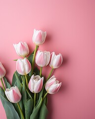 Naklejka premium Tulips on pink table flat lay with copy space