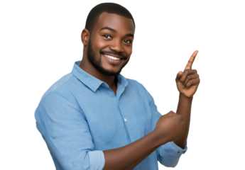 Handsome, smiling man in a blue shirt pointing with his right hand at something, isolated on a transparent background. PNG file