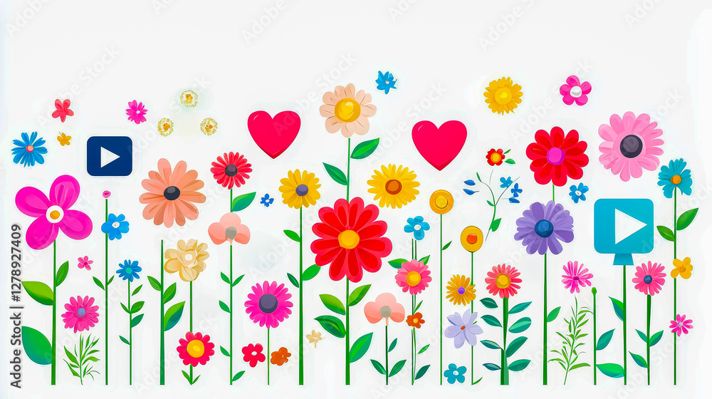 Poster colorful arrangement of various flowers with playful hearts and icons on a bright background in a ch