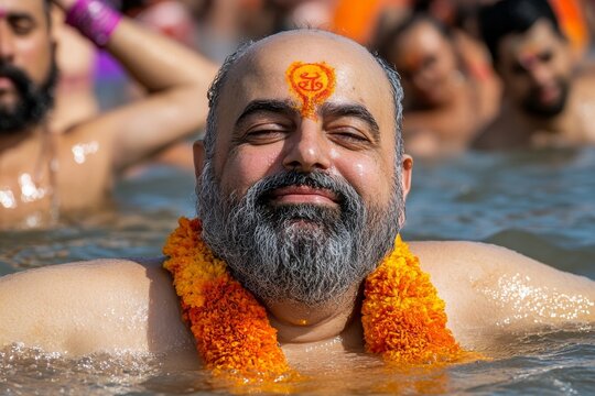 A serene scene of pilgrims taking a holy dip in the Ganges River during the Kumbh Mela, capturing the spiritual significance and devotion of the event