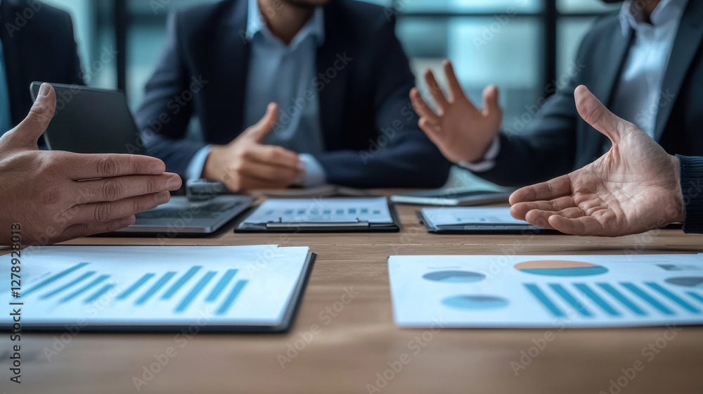 Poster business executives discussing strategies and analyzing data in meeting