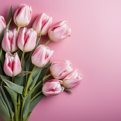 Tulips on pink table flat lay with copy space