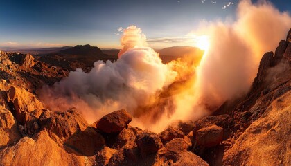Background with huge clouds of dust, smoke in the rocks in warm light. Generated by artificial intelligence